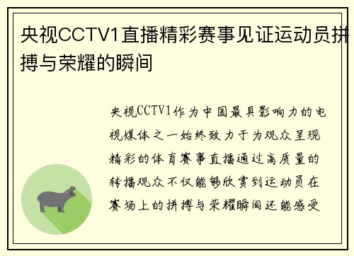 央视CCTV1直播精彩赛事见证运动员拼搏与荣耀的瞬间