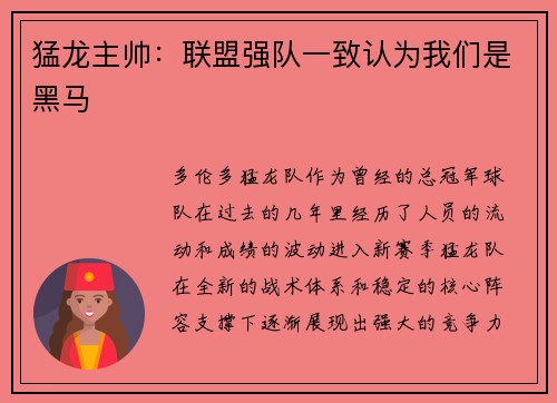 猛龙主帅：联盟强队一致认为我们是黑马
